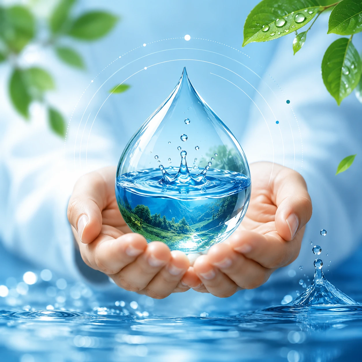 Cupped hands holding a water droplet
